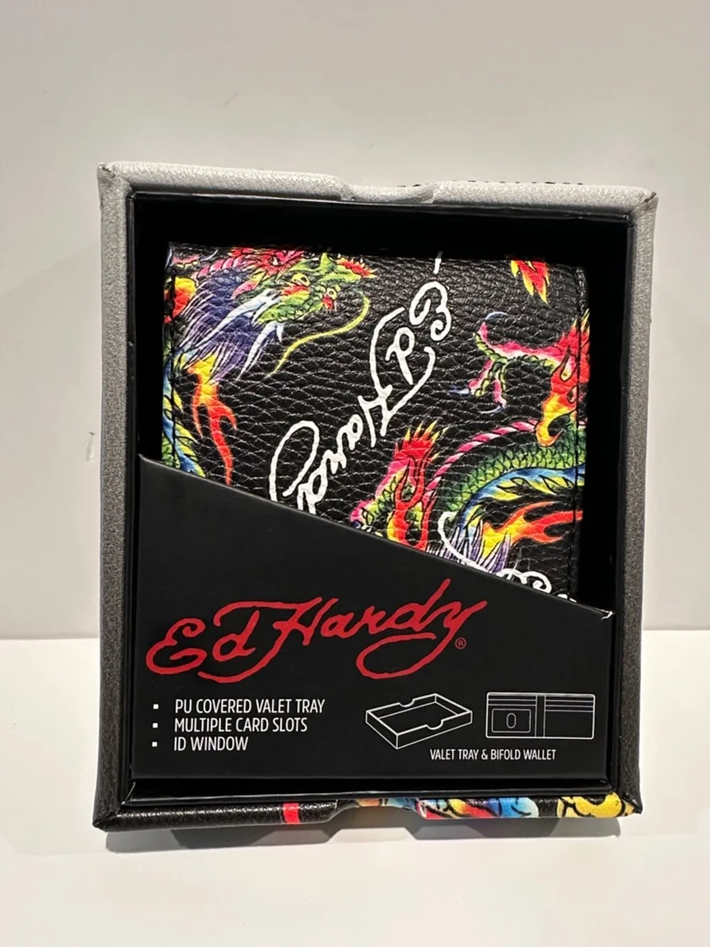 NWT Ed Hardy Men’s Bifold Wallet with Card, ID, Coin and Bill slots.